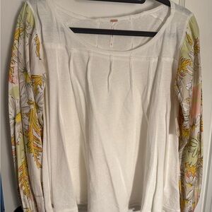 Free People White Blouse with Floral Sleeves